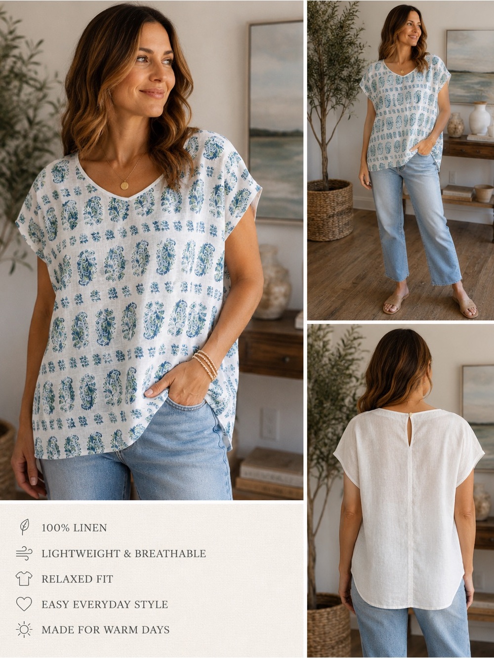 J.Jill Love Linen Blue Paisley Print 100% Linen Top Blouse White Size L